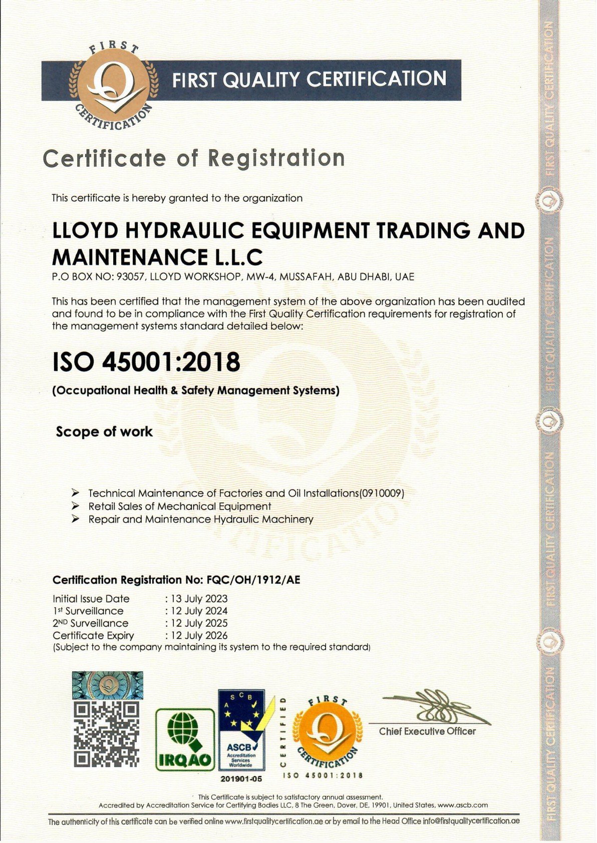 ISO 45000-2018 Certificate